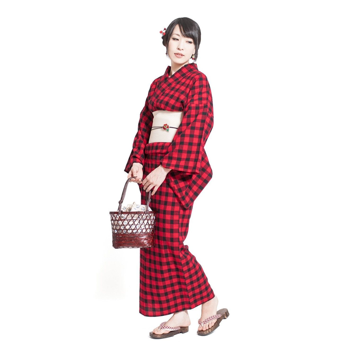 [たゆたふ] 浴衣 単品 しじら織 日本製 久留米 レディース 単衣 六花 ROCCA Free Size 弁慶格子 赤×黒