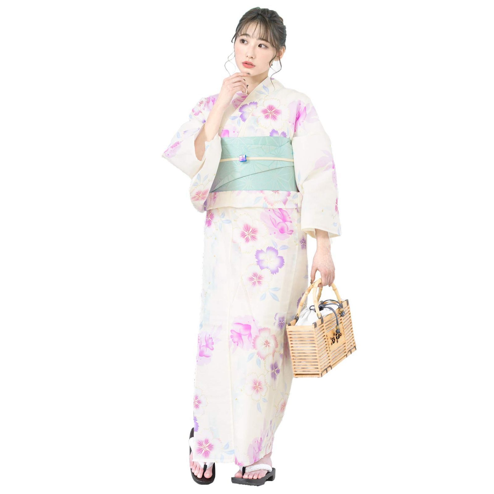 [SOUBIEN] ソウビエン 浴衣 2点 セット (浴衣/半幅帯) レディース クリーム ピンク 桜 花 金魚 ラメ 紅梅織 綿 洗える bonheur saisons ボヌールセゾン フリーサイズ 水色 bra00871-obh01584