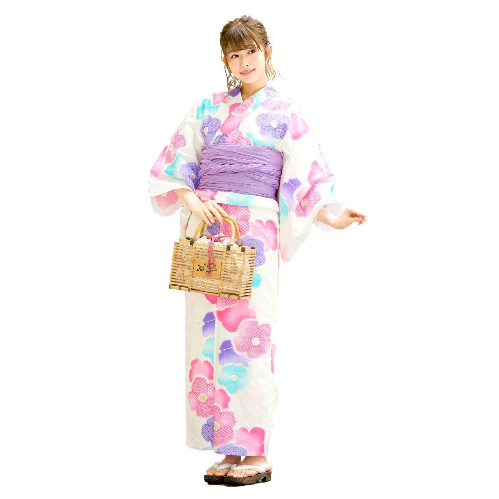 [SOUBIEN] ソウビエン 浴衣 3点 セット レディース (浴衣/兵児帯/下駄) bonheur saisons ボヌールセゾン フリーサイズ 白 ホワイト ピンク 花 薄紫 bra00640-obs00226