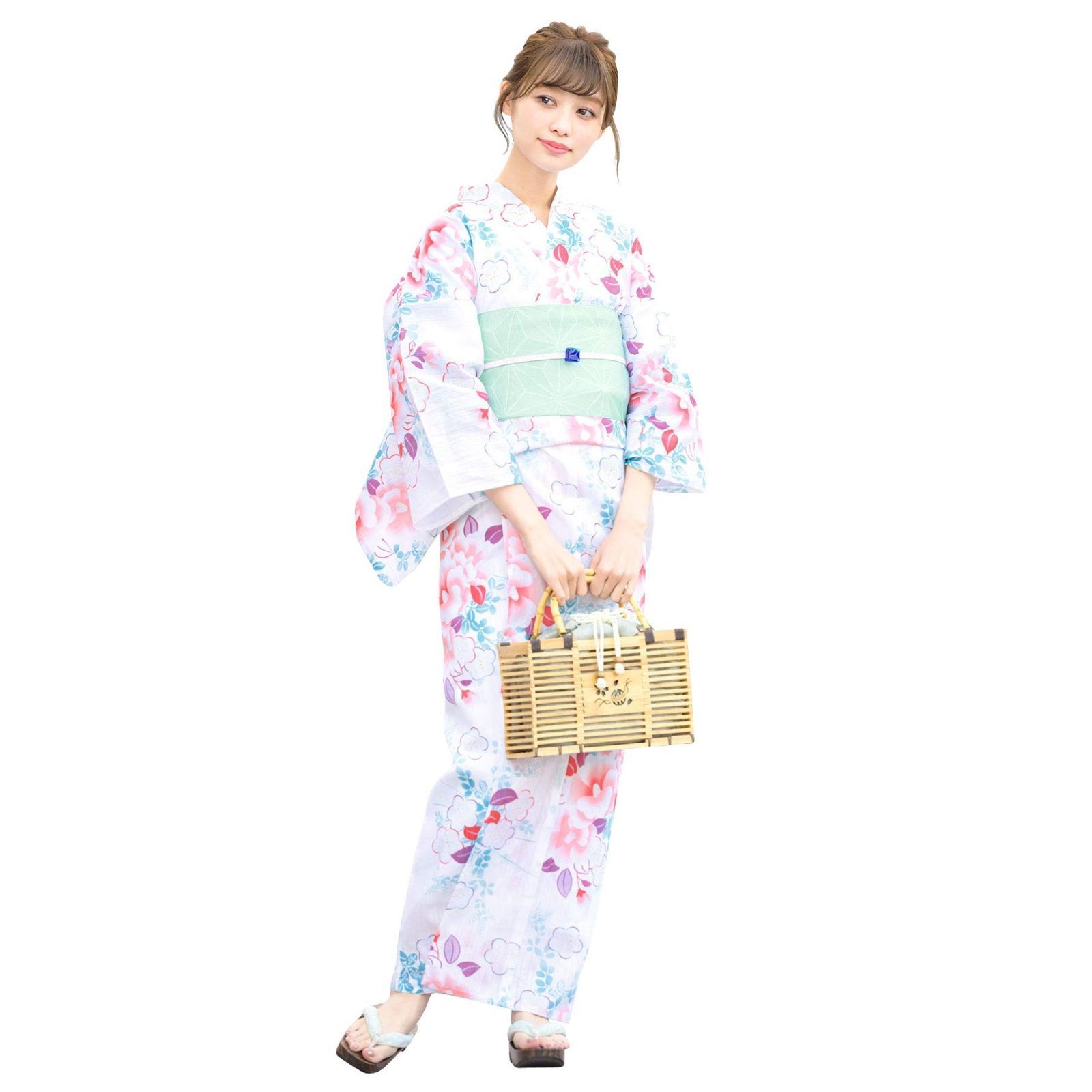 [SOUBIEN] ソウビエン 浴衣 2点 セット (浴衣/半幅帯) レディース 白 アイボリー ピンク 水色 椿 梅 花 ラメ 綿麻 bonheur saisons ボヌールセゾン フリーサイズ bra00879-obh01584