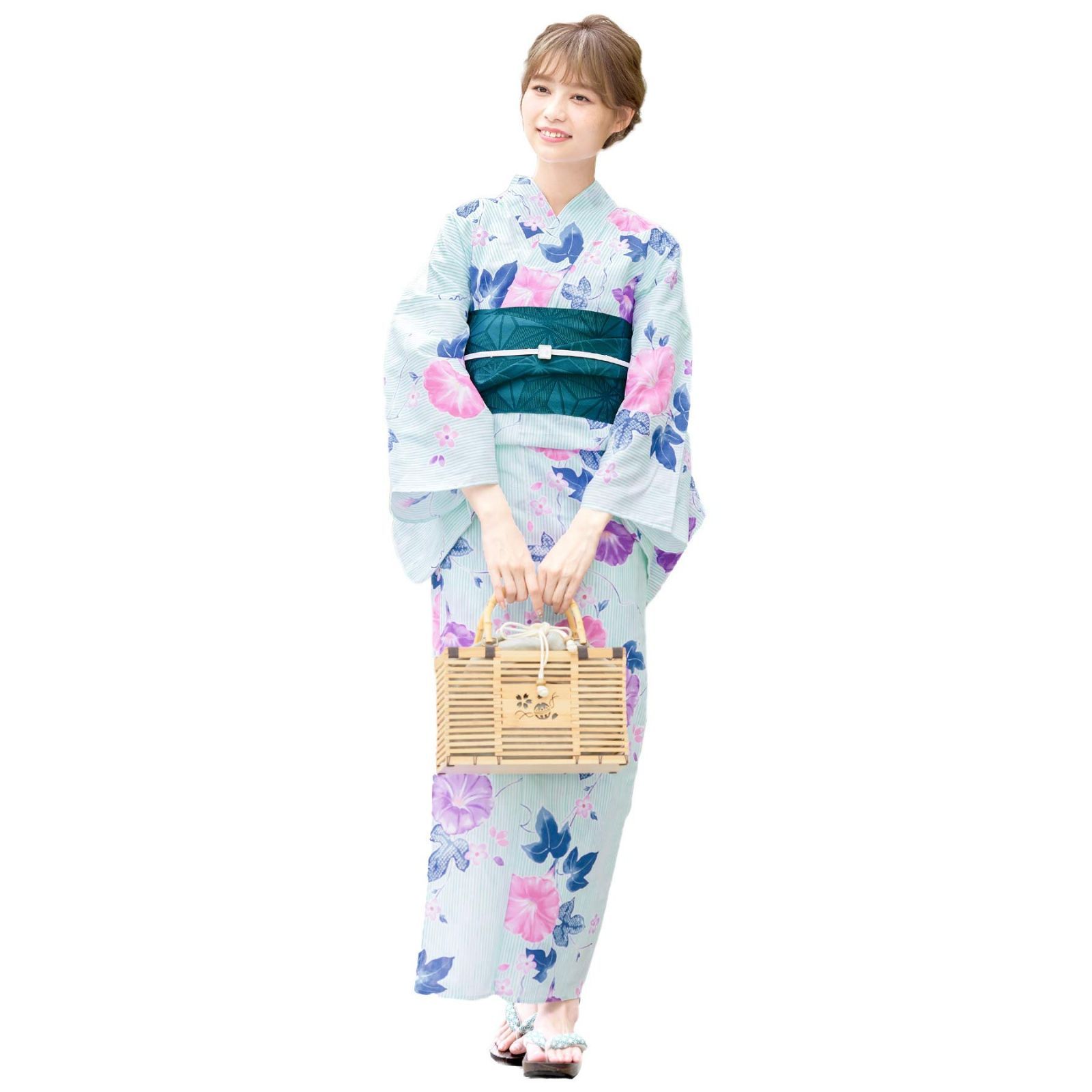 [SOUBIEN] ソウビエン 浴衣 3点 セット レディース (浴衣/半幅帯/下駄) bonheur saisons ボヌールセゾン フリーサイズ 水色 ブルー 朝顔 花 縞 深緑 bra01048-obh01935