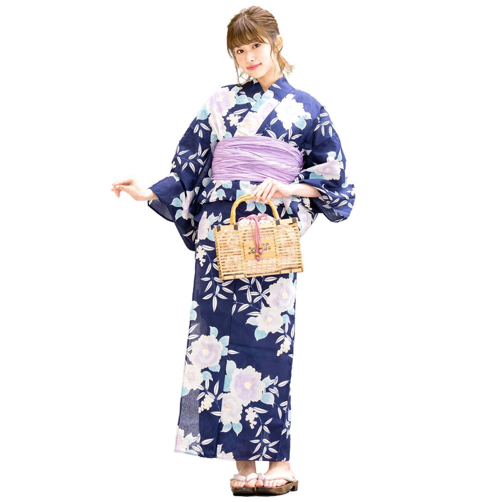 [SOUBIEN] ソウビエン 浴衣 3点 セット レディース (浴衣/兵児帯/下駄) bonheur saisons ボヌールセゾン フリーサイズ 紺 ネイビー 椿 葉 紫 bra00889-obs00226
