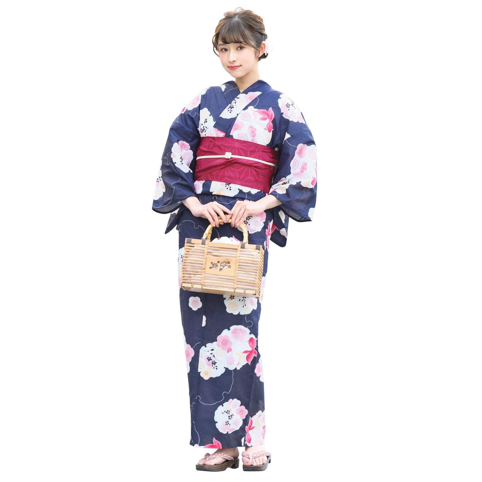 [SOUBIEN] ソウビエン 浴衣 2点 セット (浴衣/半幅帯) レディース 濃紺色 白 ピンク 赤紫 雪輪 梅 花 金魚 綿 紅梅織り bonheur saisons bra01025-obh01933