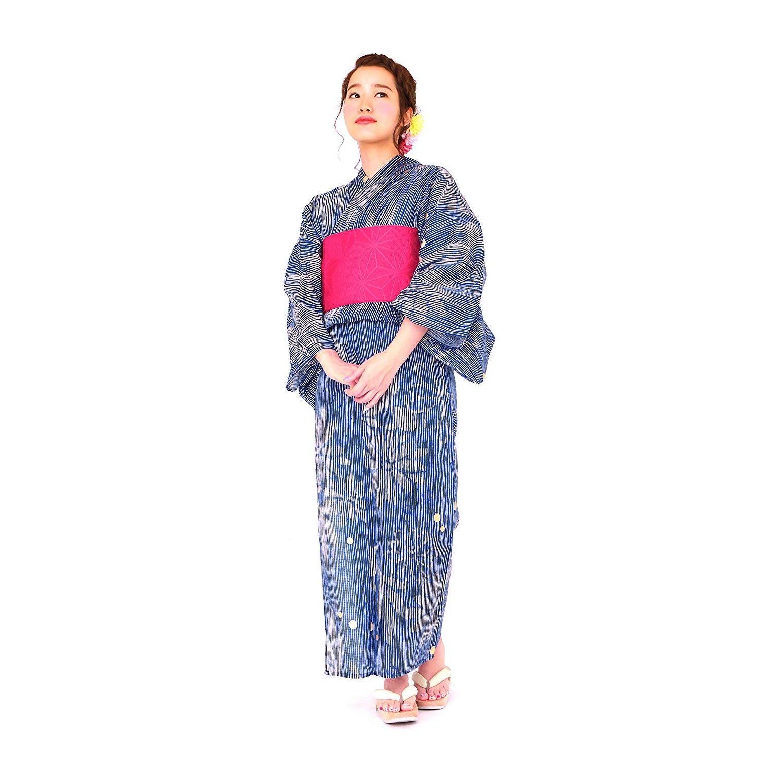 [SOUBIEN] ソウビエン 浴衣 3点 セット レディース (浴衣/半幅帯/下駄) bonheur saisons ボヌールセゾン フリーサイズ レトロ 青 ブルー 花 金魚 縞 ストライプ 紅梅織 bra00905-obh01423