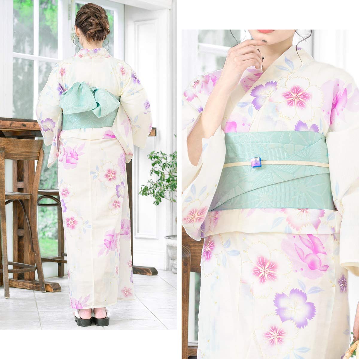 [SOUBIEN] ソウビエン 浴衣 2点 セット (浴衣/半幅帯) レディース クリーム ピンク 桜 花 金魚 ラメ 紅梅織 綿 洗える bonheur saisons ボヌールセゾン フリーサイズ 水色 bra00871-obh01584