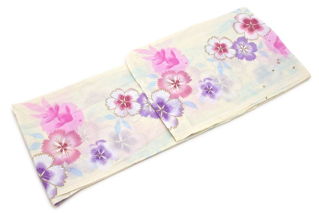 [SOUBIEN] ソウビエン 浴衣 2点 セット (浴衣/半幅帯) レディース クリーム ピンク 桜 花 金魚 ラメ 紅梅織 綿 洗える bonheur saisons ボヌールセゾン フリーサイズ 水色 bra00871-obh01584