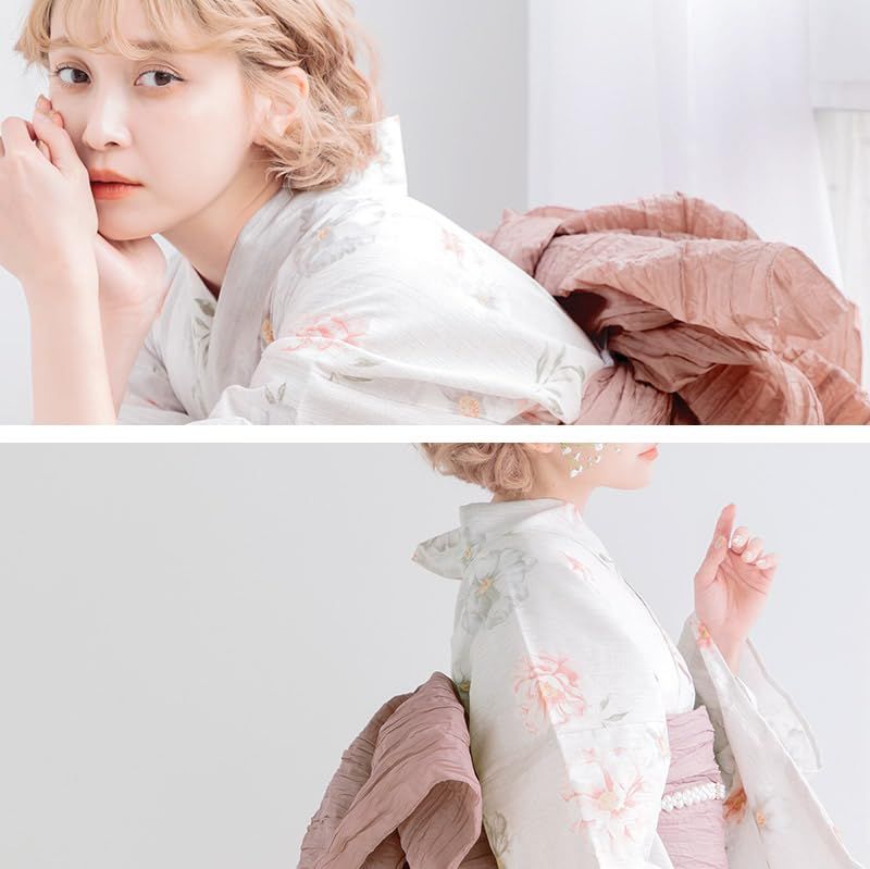 （ディータ）Dita レディース 浴衣 5点セット ピンク 白 水彩 花柄 ガーリー 1人で簡単着付け (風花の桃色しらべ, FREE(フリーサイズ))