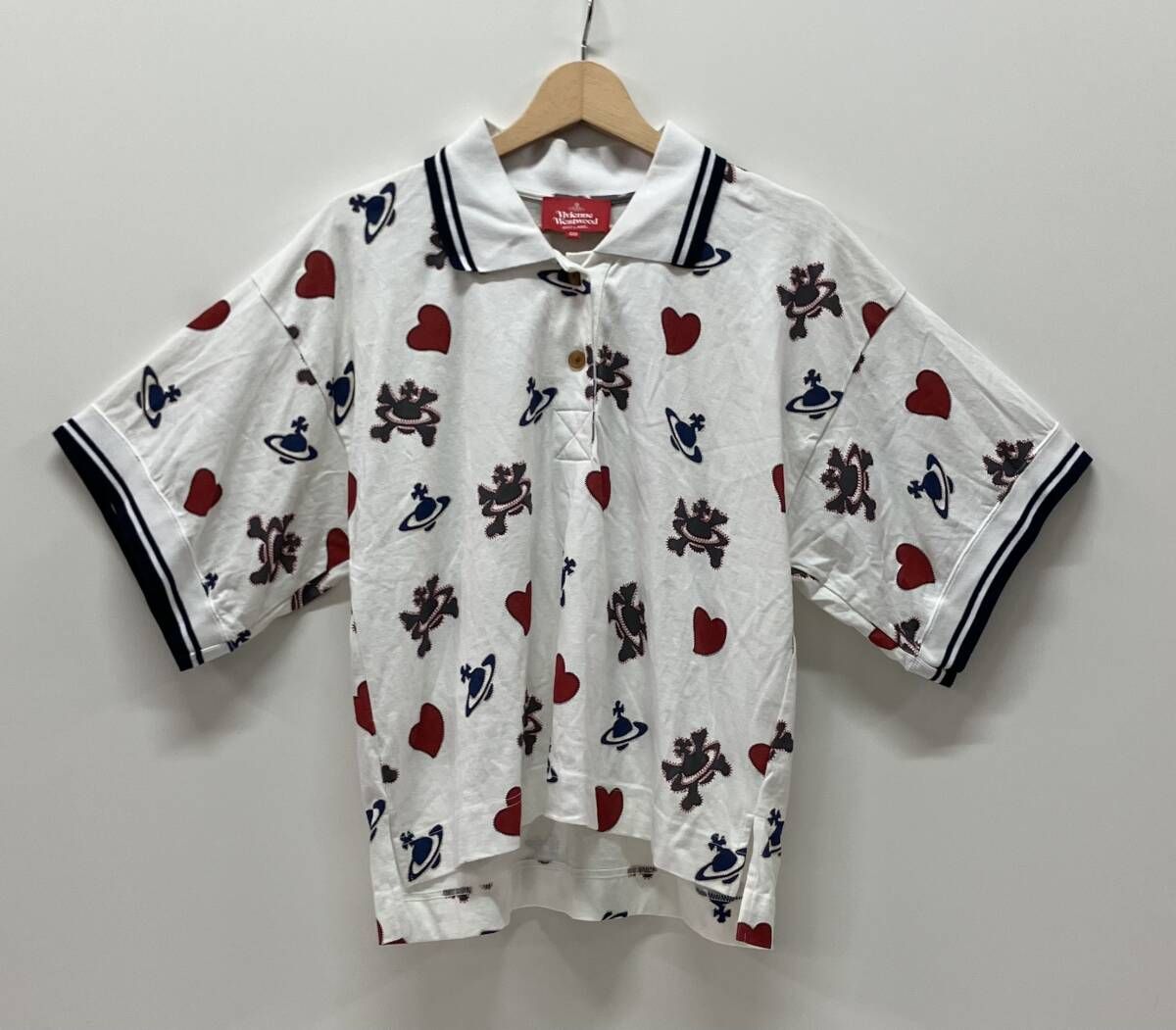 VIVIENNE WESTWOOD ヴィヴィアン・ウエストウッド 16-12-332001 半袖ポロシャツ 総柄 オーブ ハート サイズ00 ホワイト 日本製