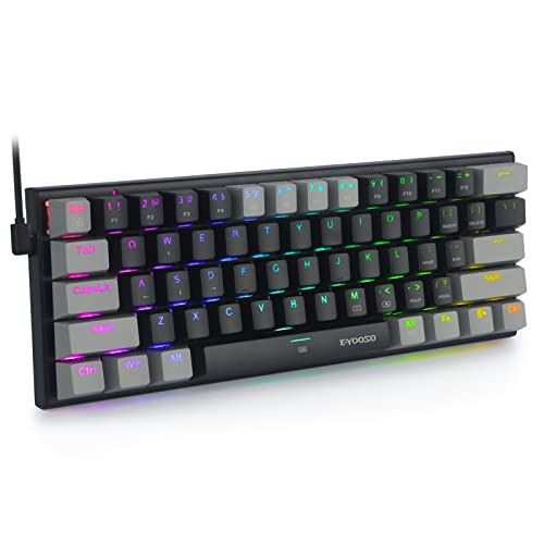 e元素ゲーミングキーボード 青軸を採用 テンキーレスUS英語配列 有線61キー メカニカルキースイッチ RGB発光LEDバックライト 60％小型コンパクト設計 Windows/Macに対応のゲーム/オフィス用キーボード (ブラック+グレー，青 c43ede28