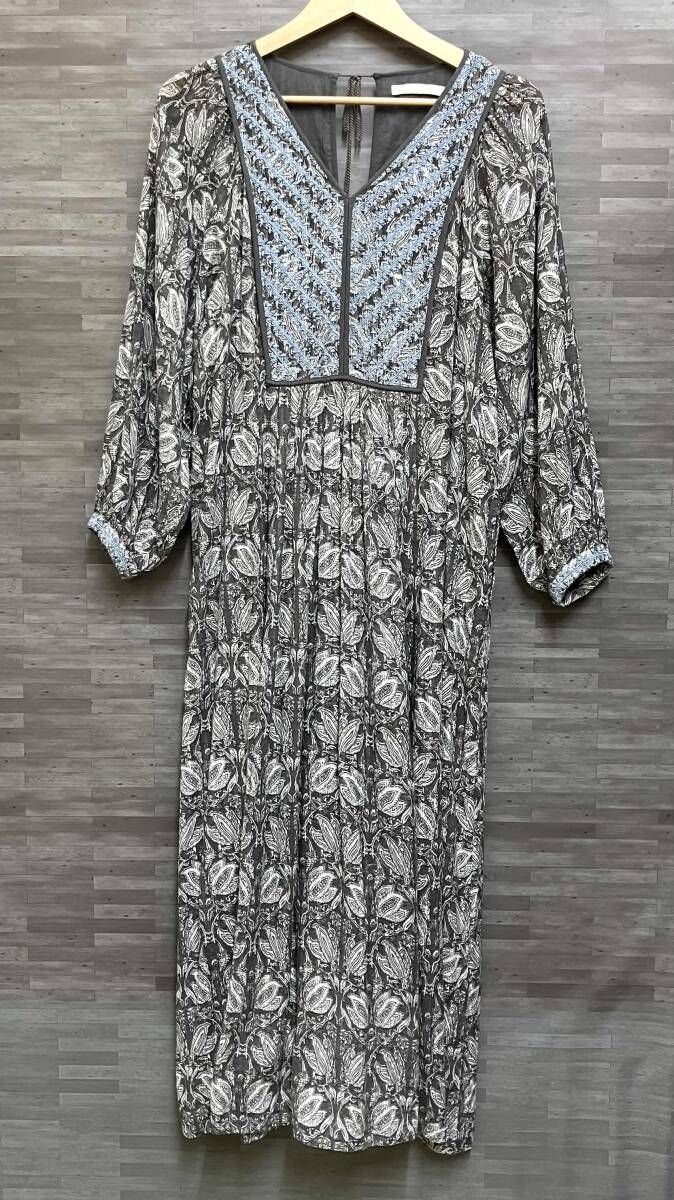 ne Quittez pas/ヌキテパ /010442GH1/長袖 ワンピース/Cotton Lurex Tulip Prin t Yoke EMB Dress/グレー×ライトブルー/Sサイズ