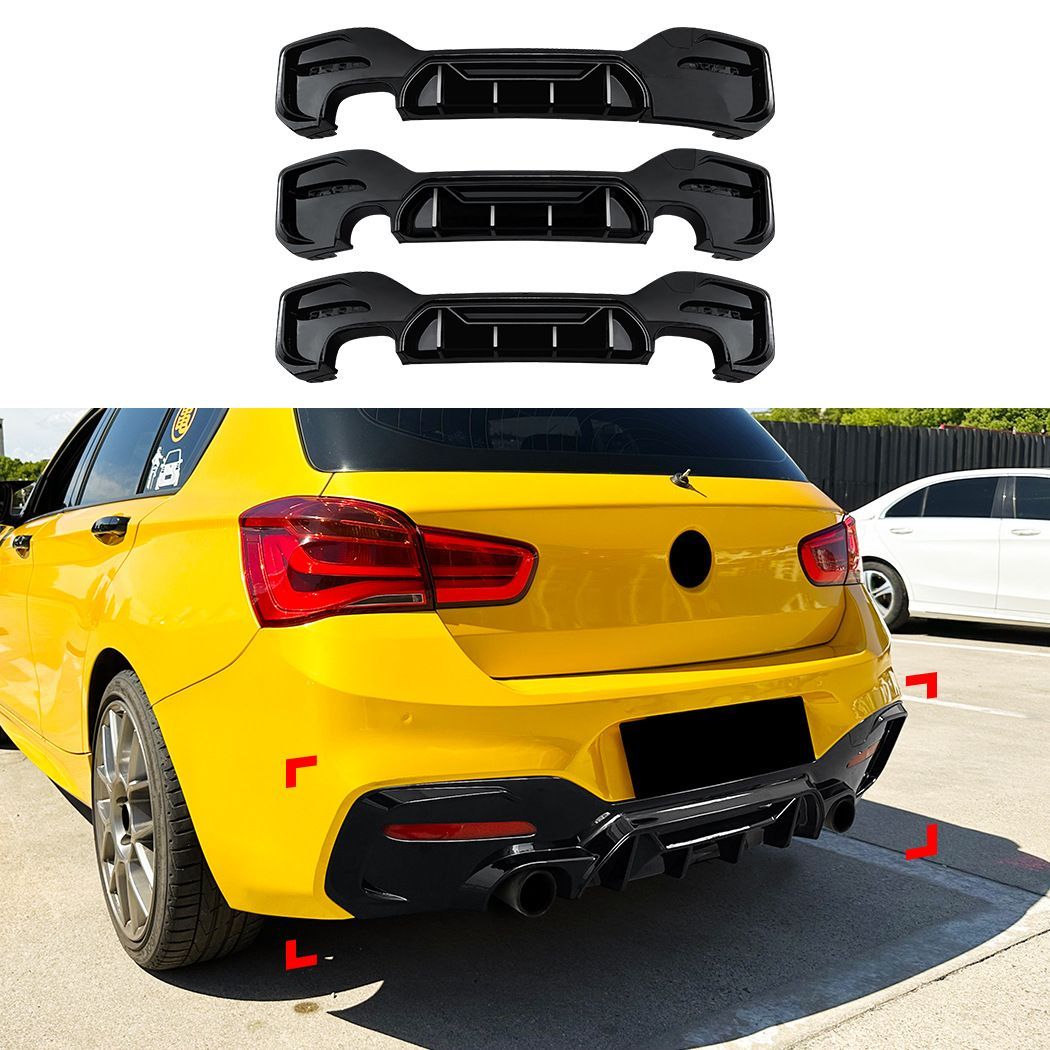 BMW 1シリーズ F20 F21 LCI M Sport仕様対応 リアリップスポイラー リアディフューザー バンパー下部装着 ABS製 ピアノブラック 片側2本出し 両側1本出し 両側2本出し選択可 後ろ姿を引き締めるスポーティ外装パーツ ドレスアップ用