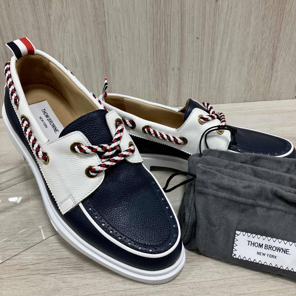 THOM BROWNE/デッキシューズ/ボートシューズ/バイカラー　トムブラウン ペブルレザー 厚底　トリコロール　ローファー 25㎝