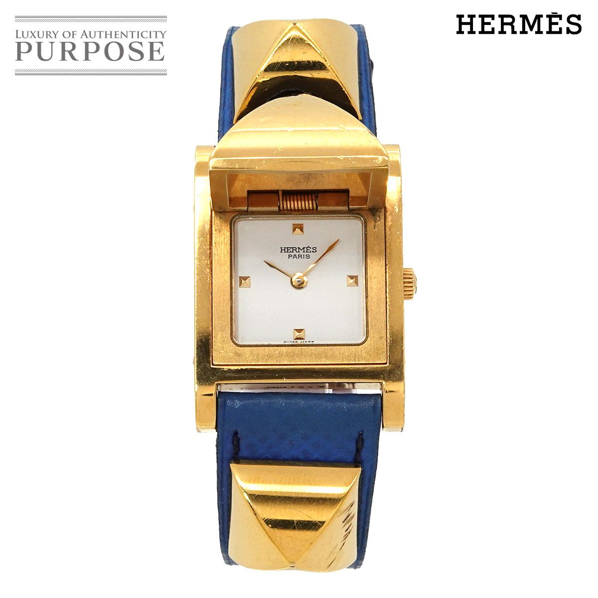 エルメス HERMES メドール ヴィンテージ レディース 腕時計 ピラミッド ゴールド スタッズ ホワイト レザー クォーツ Medor 90328616