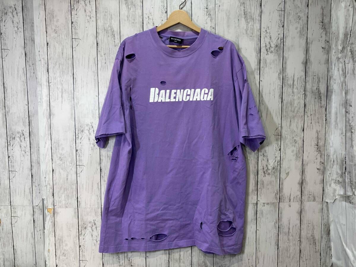 BALENCIAGA バレンシアガ デストロイ加工 半袖Tシャツ カットソー パープル XS