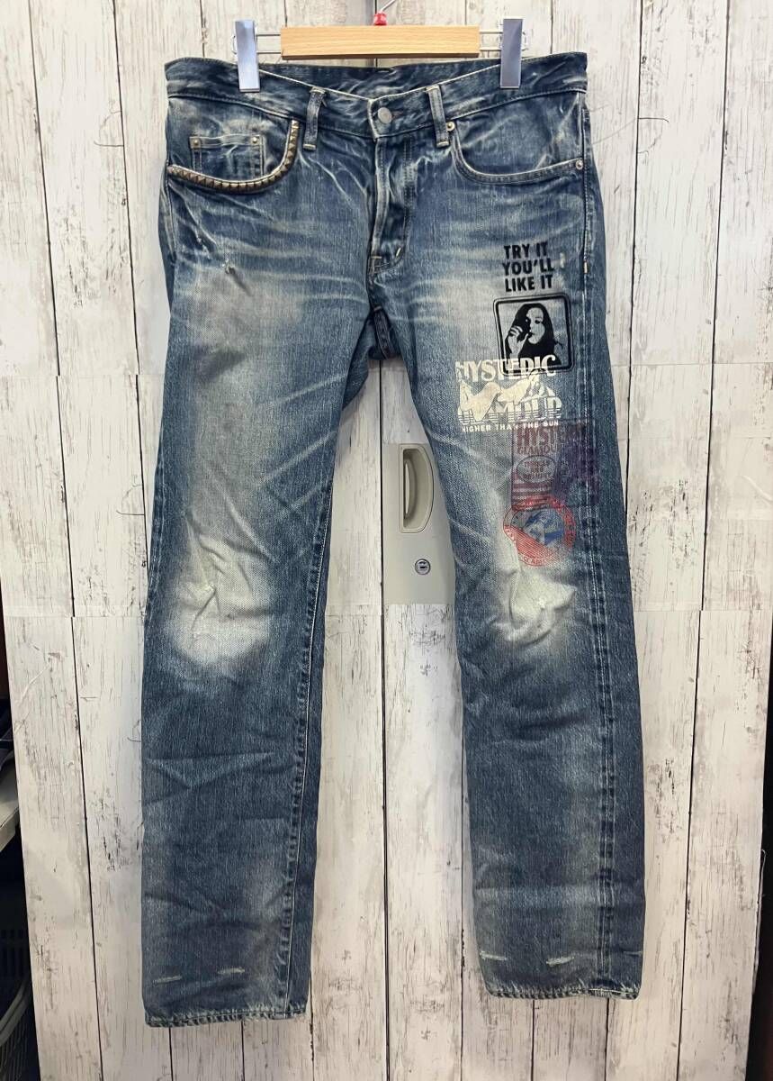HYSTERIC GLAMOUR ヒステリックグラマー メンズ ジーンズ スタッズフロッキープリント 0214AP06 袖ほつれ 赤耳 ボタンフライ 日本製 W32
