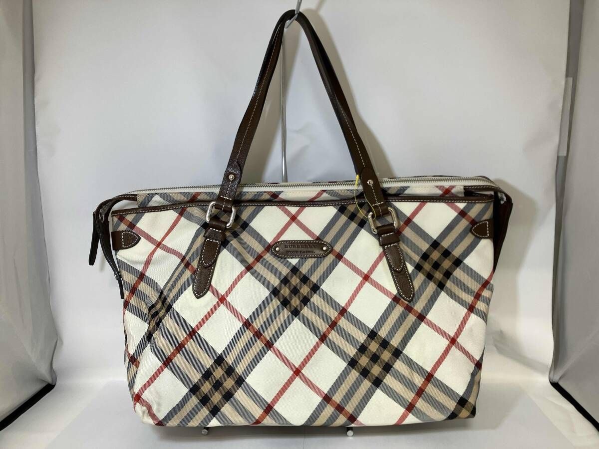 BURBERRY BLUE LABEL バーバリー ブルーレーベル ナイロントートバッグ カウレザーハンドル ノバチェック 日本製 ZAE10-410-02 汚れ有り