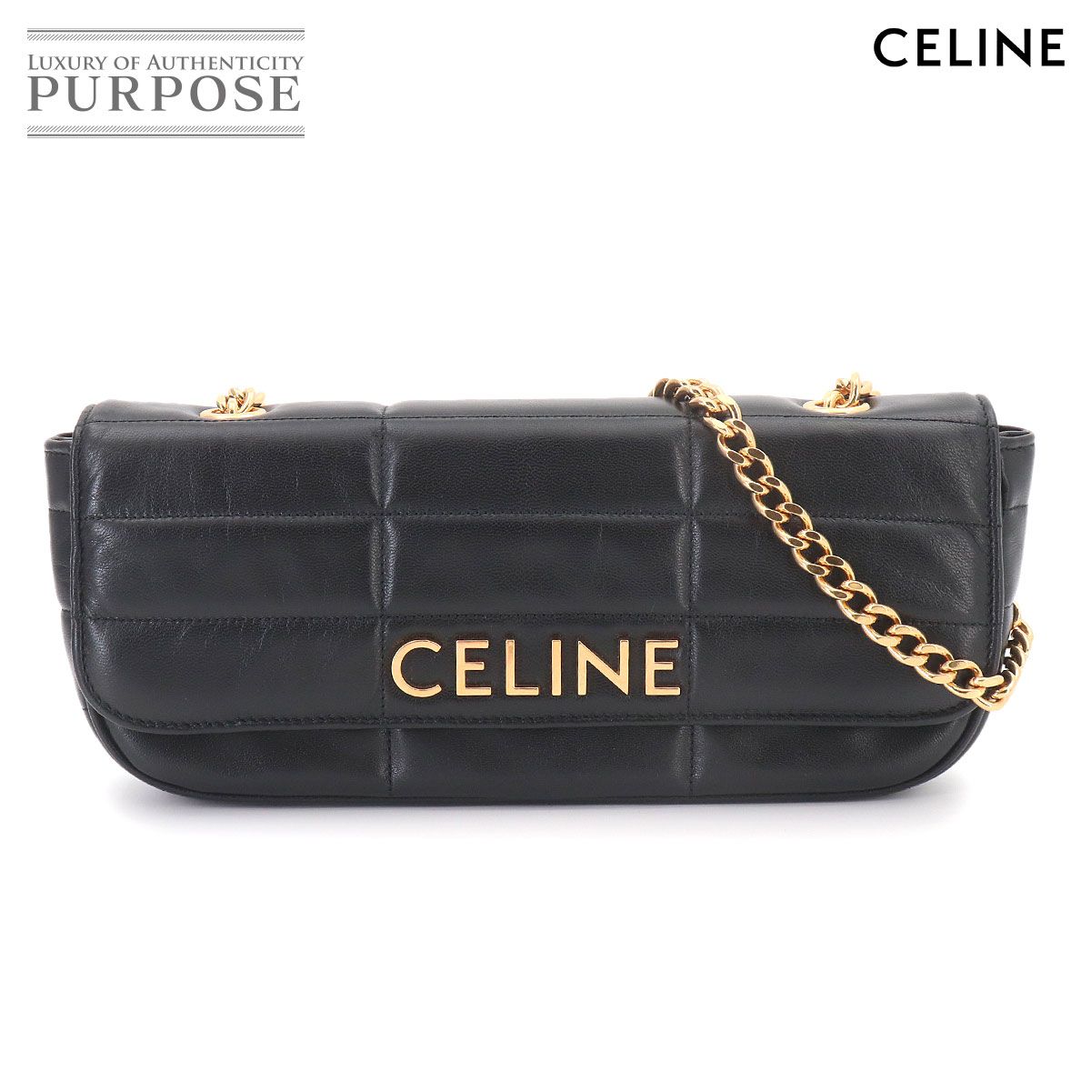 新品同様 セリーヌ CELINE マトラッセ モノクローム チェーン ショルダー バッグ レザー ブラック 111843EPZ ゴールド 金具 90320223