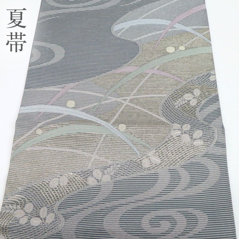 特選 夏の名古屋帯 流水に萩露芝模様 開き仕立て 正絹着物 E8N0520