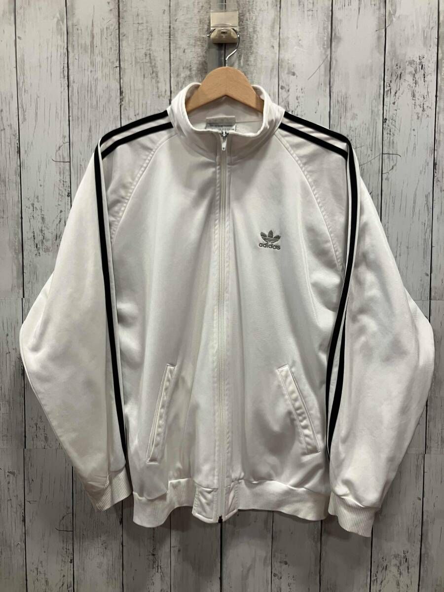 adidas アディダス 万国旗タグ 80s 90s トレフォイル ホワイト トラックジャケット ジャージ 微シミ ジップアップ エンド部分変色 洗濯済