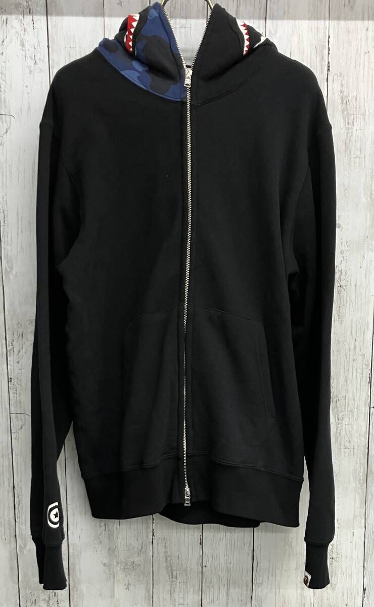 A BATHING APE ジップアップフーディ ア ベイシングエイプ パーカー ジップアップ ブラック シャーク ブラック size L