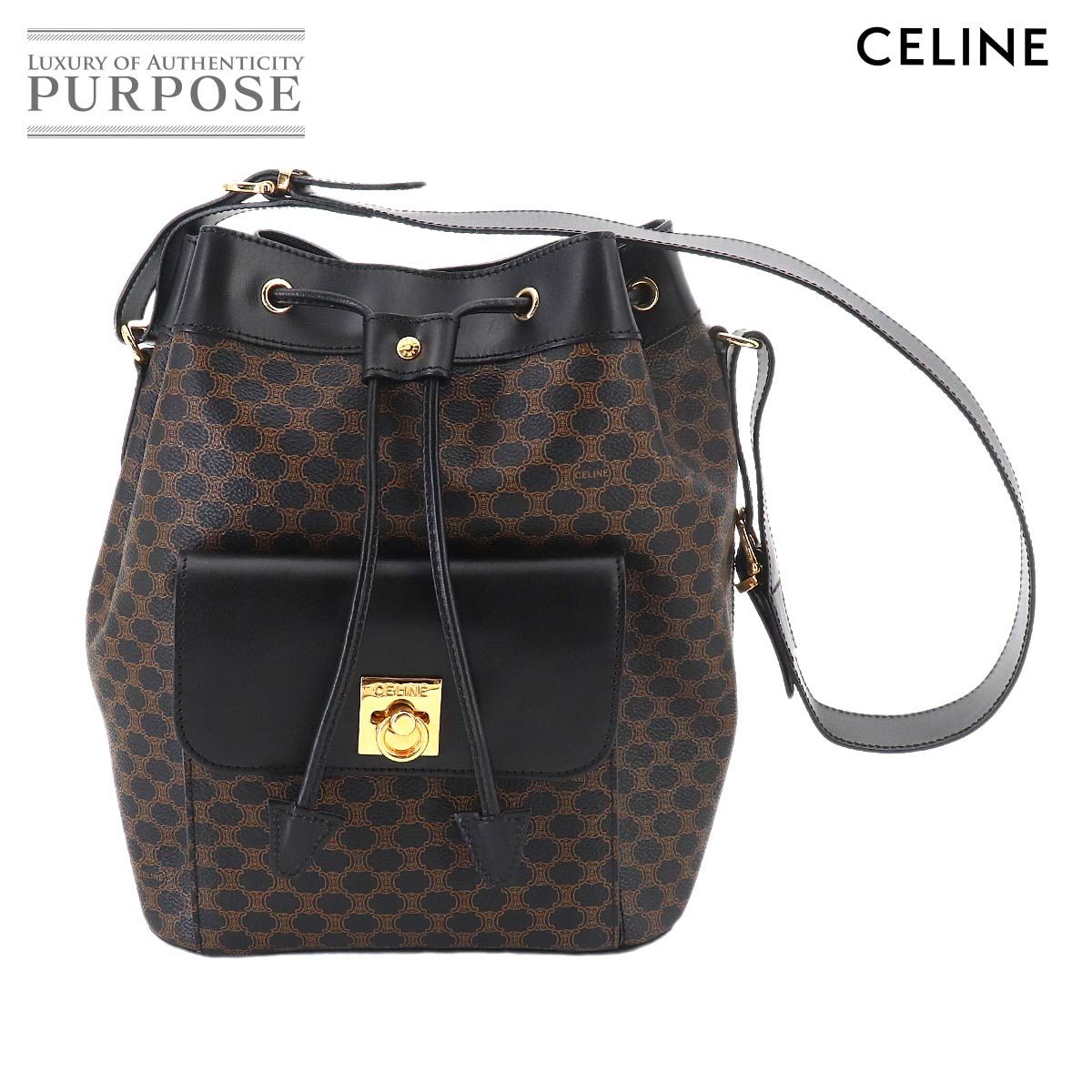 新品同様 セリーヌ CELINE マカダム 巾着 ショルダー バッグ PVC レザー ブラック ブラウン ゴールド 金具 ヴィンテージ 90324842