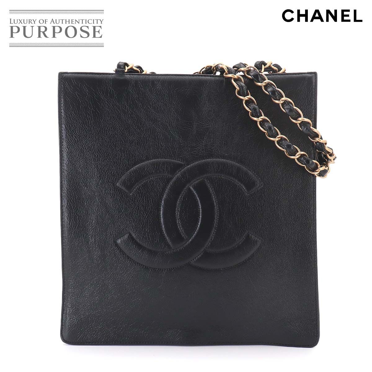 新品同様 シャネル CHANEL デカココ チェーン トート バッグ レザー ブラック ゴールド 金具 Tote Bag 90324972