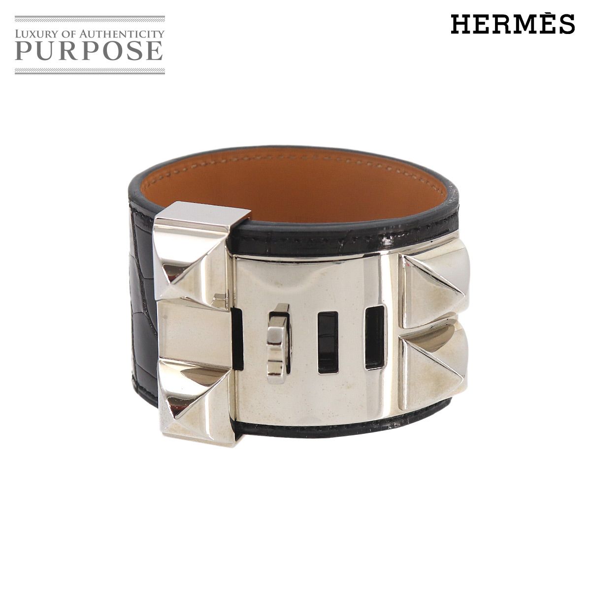 新品同様 エルメス HERMES クロコダイル アリゲーター コリエドシアン バングル ブラック □R刻印 シルバー 金具 90326121