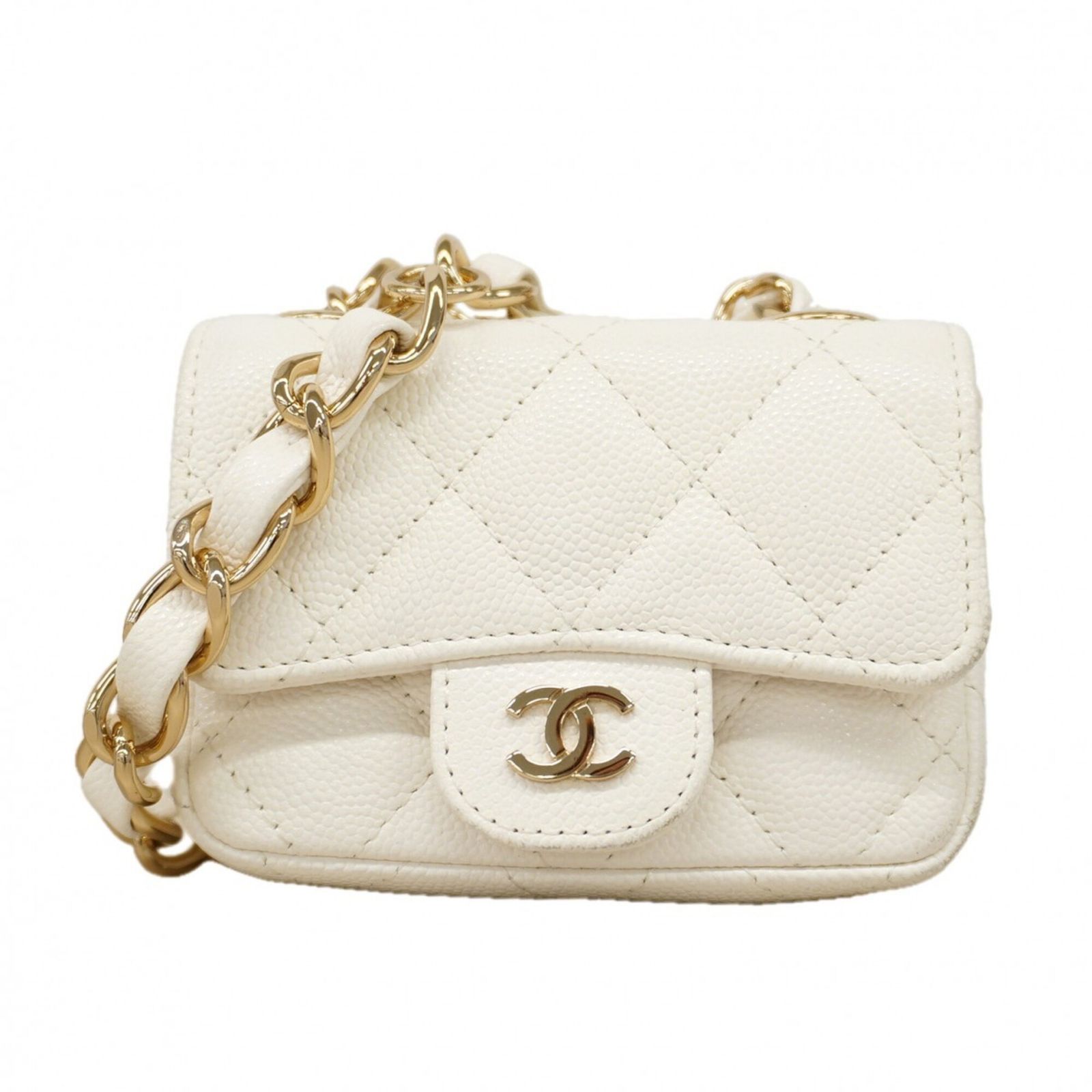 シャネル(Chanel) シャネル ポシェット チェーンショルダー ミニミニマトラッセ キャビアスキン ホワイト シャンパンレディース
