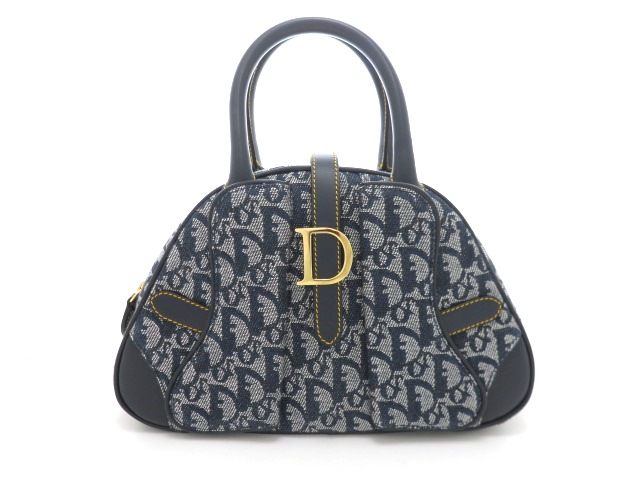 Dior ディオール トロッター ダブルサドル ハンドバッグ レザー/ジャガードキャンバス ネイビー レディース【中古】【473】
