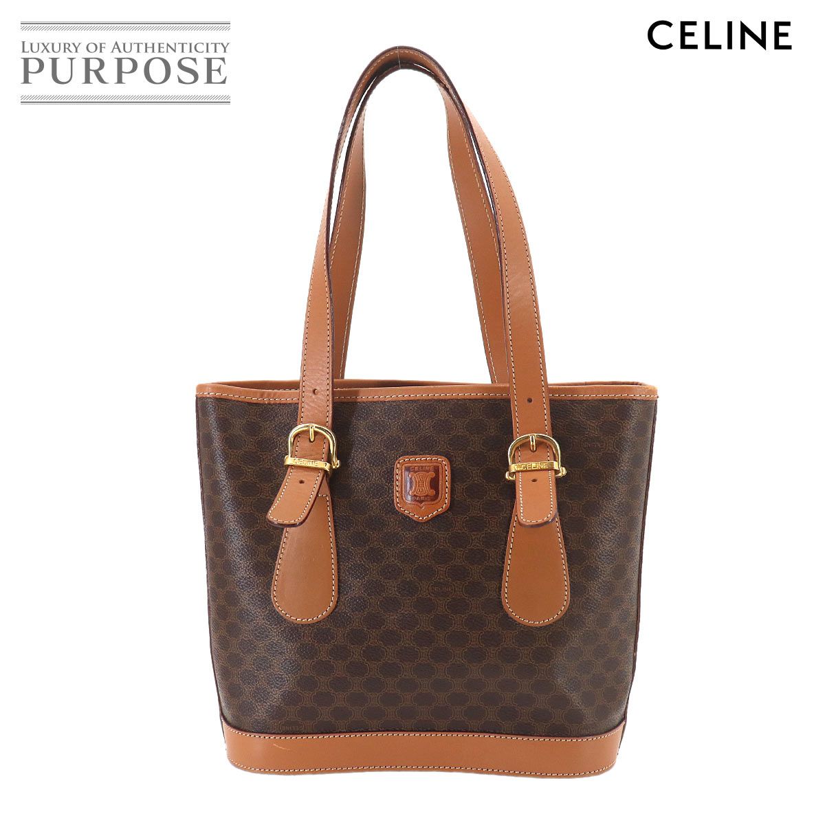 美品 セリーヌ CELINE マカダム ハンド バッグ PVC レザー ブラウン ゴールド 金具 ヴィンテージ Macadam Bag 90326968