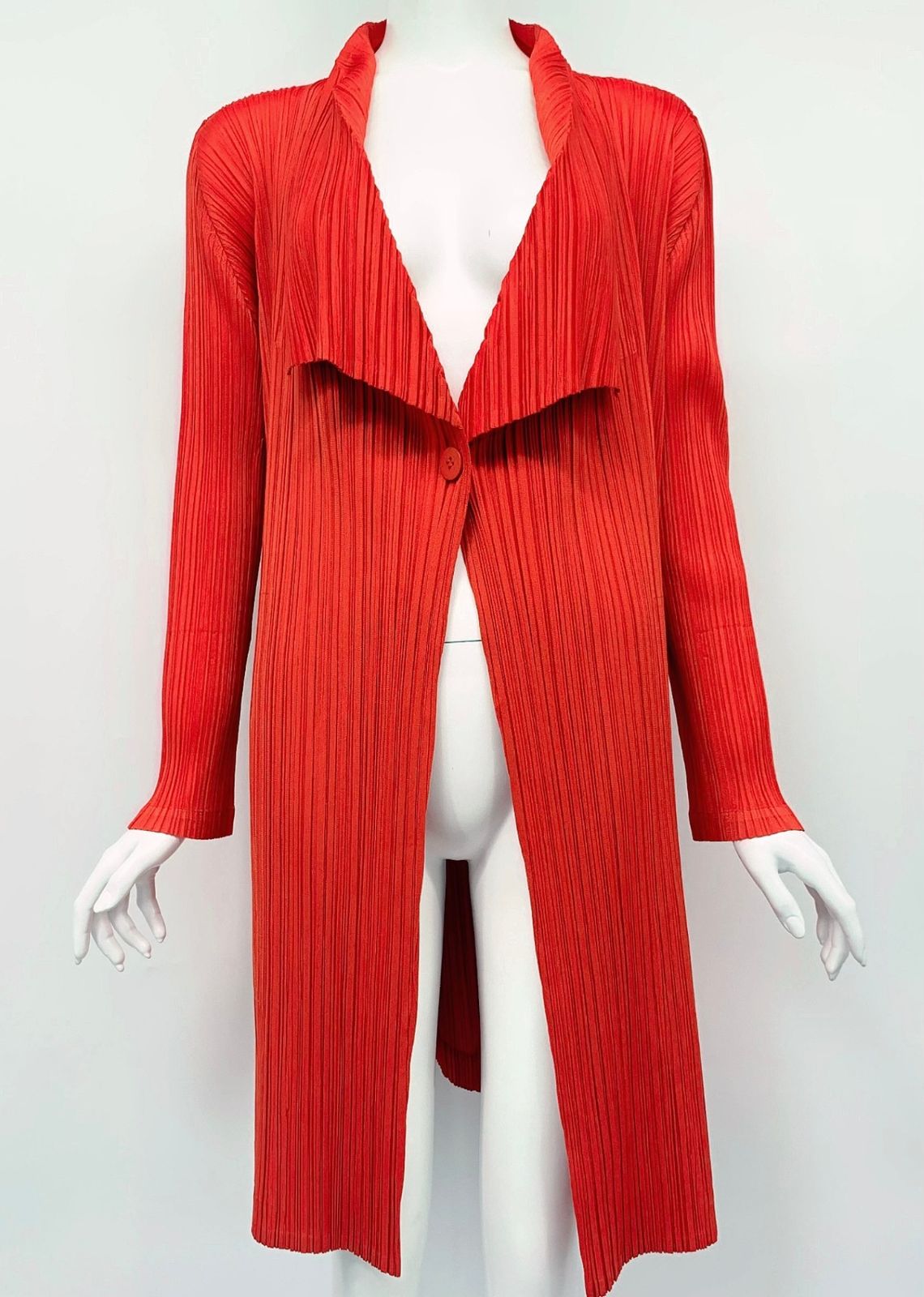極美品 PLEATSPLEASE プリーツプリーズ ISSEY MIYAKE イッセイミヤケ デザイン ロング カーディガン アウター オレンジ サイズ3
