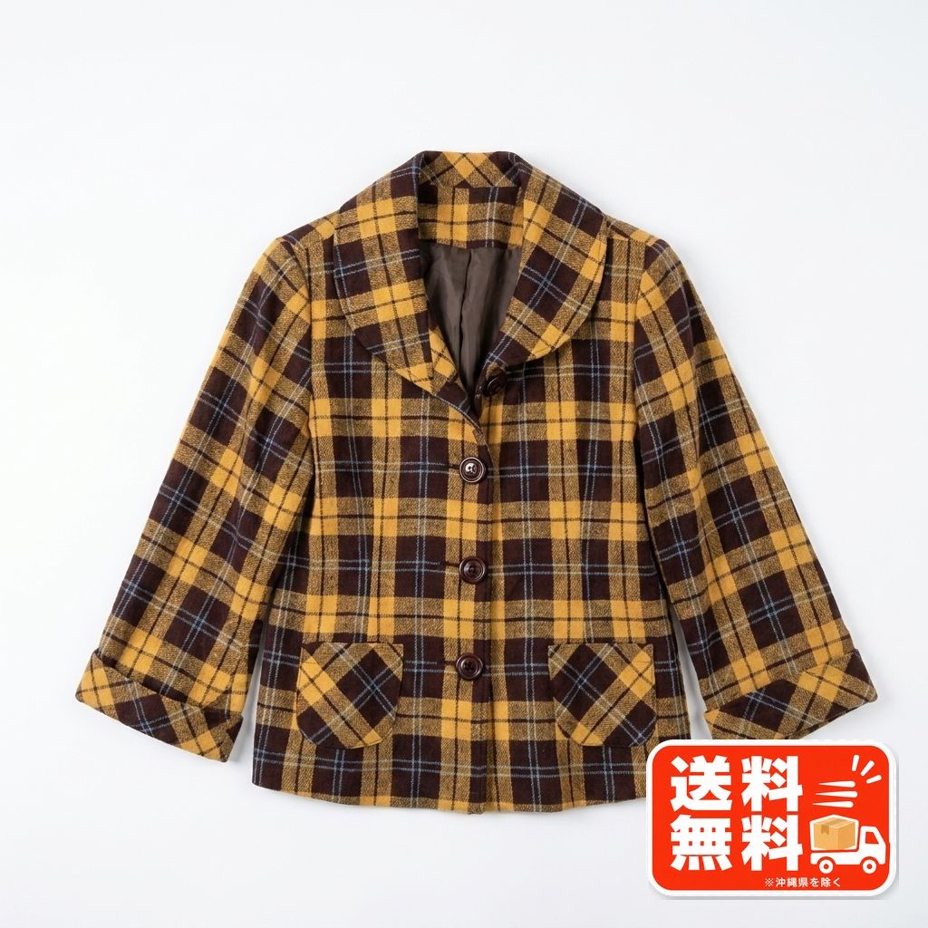 レトロチェック柄ジャケット イエロー×ブラウン 秋服 古着 archive風 