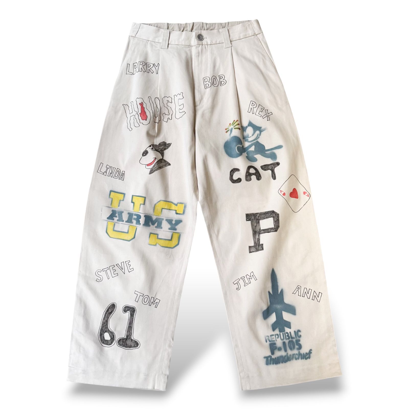HAND PAINTED ART STENCIL MEMORIAL WIDE PANTS / ハンド ペイント アート ステンシル メモリアル 落書き ワイド パンツ