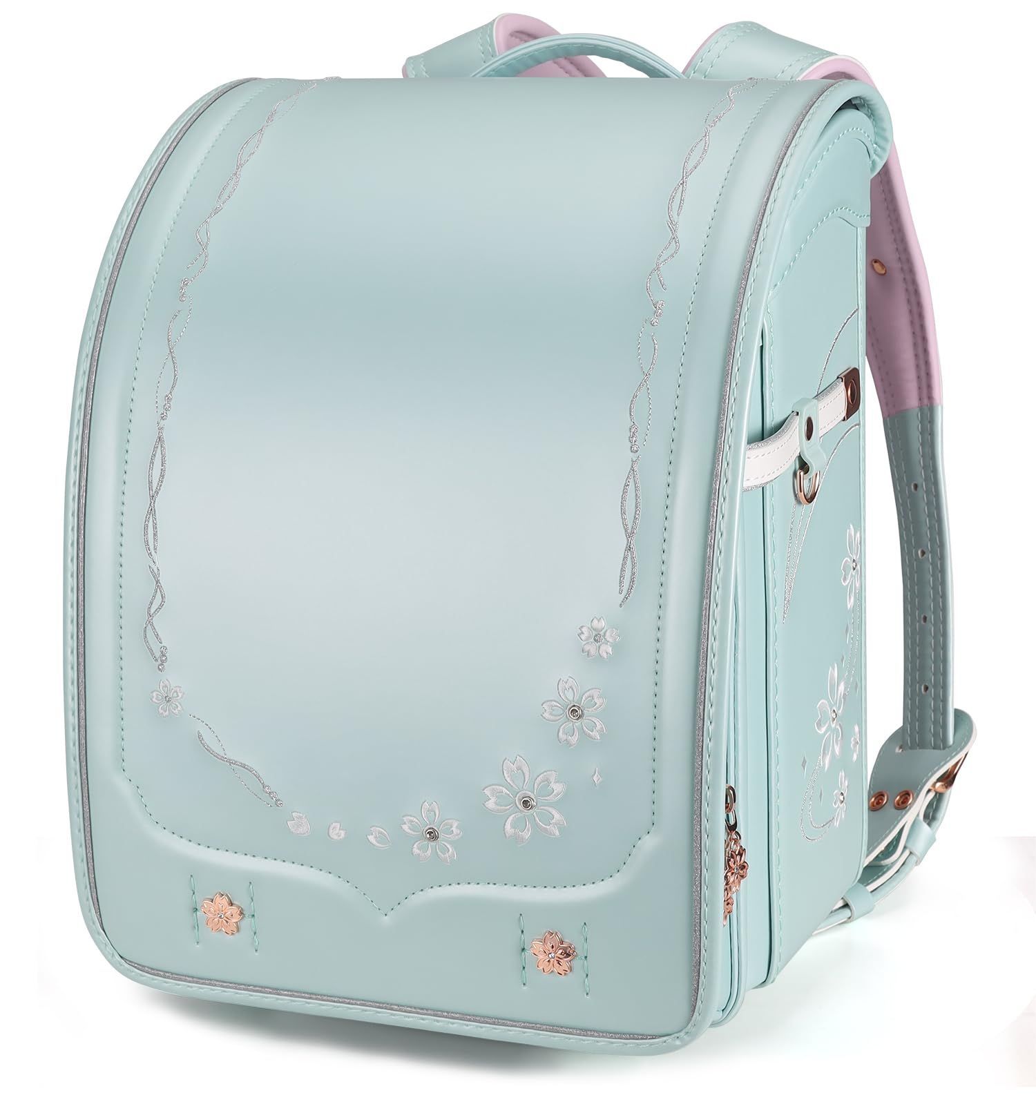 【人気商品】エレガント schoolbag japanese A4フラットファイル対応 刺? Bab-sakura 豪華 軽量 ワンタッチロック (New若緑) 女の子 ランドセル 桜