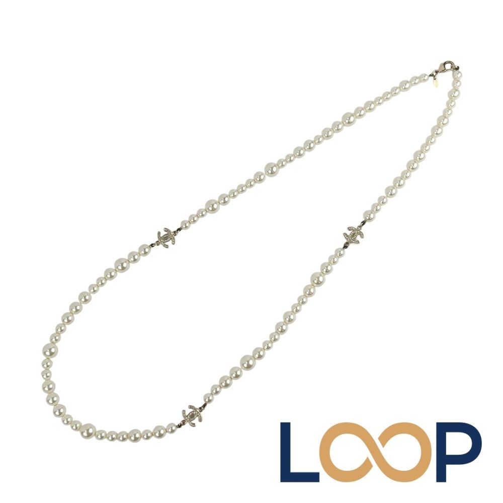 シャネル ■美品■92.5cm■ パール ロング ネックレス アクセサリー ホワイト ゴールド GP A13A 箱 【A3】1