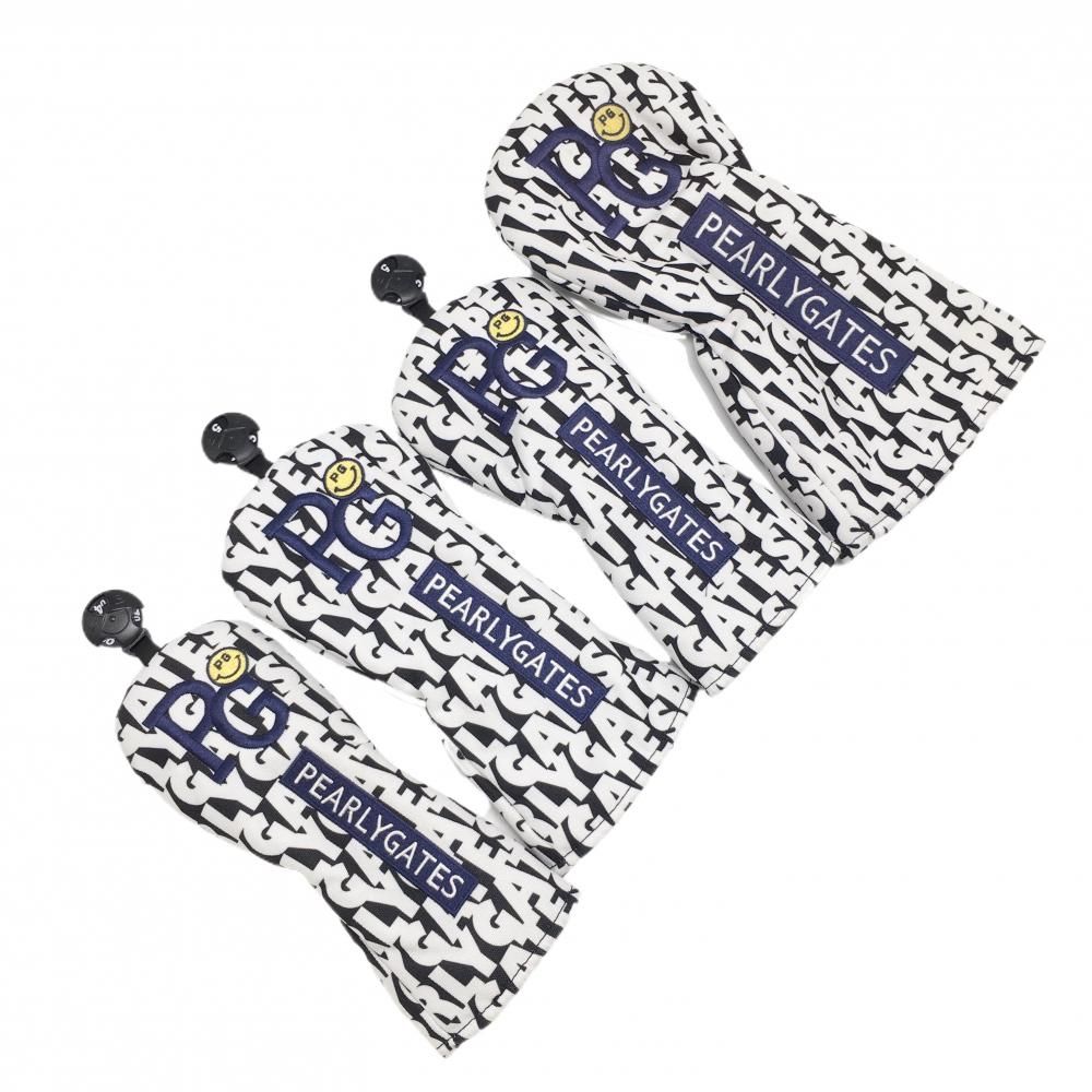 【美品】パーリーゲイツ ヘッドカバー4点セット(DR FW×2 UT) 白×黒 総柄 ニコちゃん スマイル ゴルフ PEARLY GATES