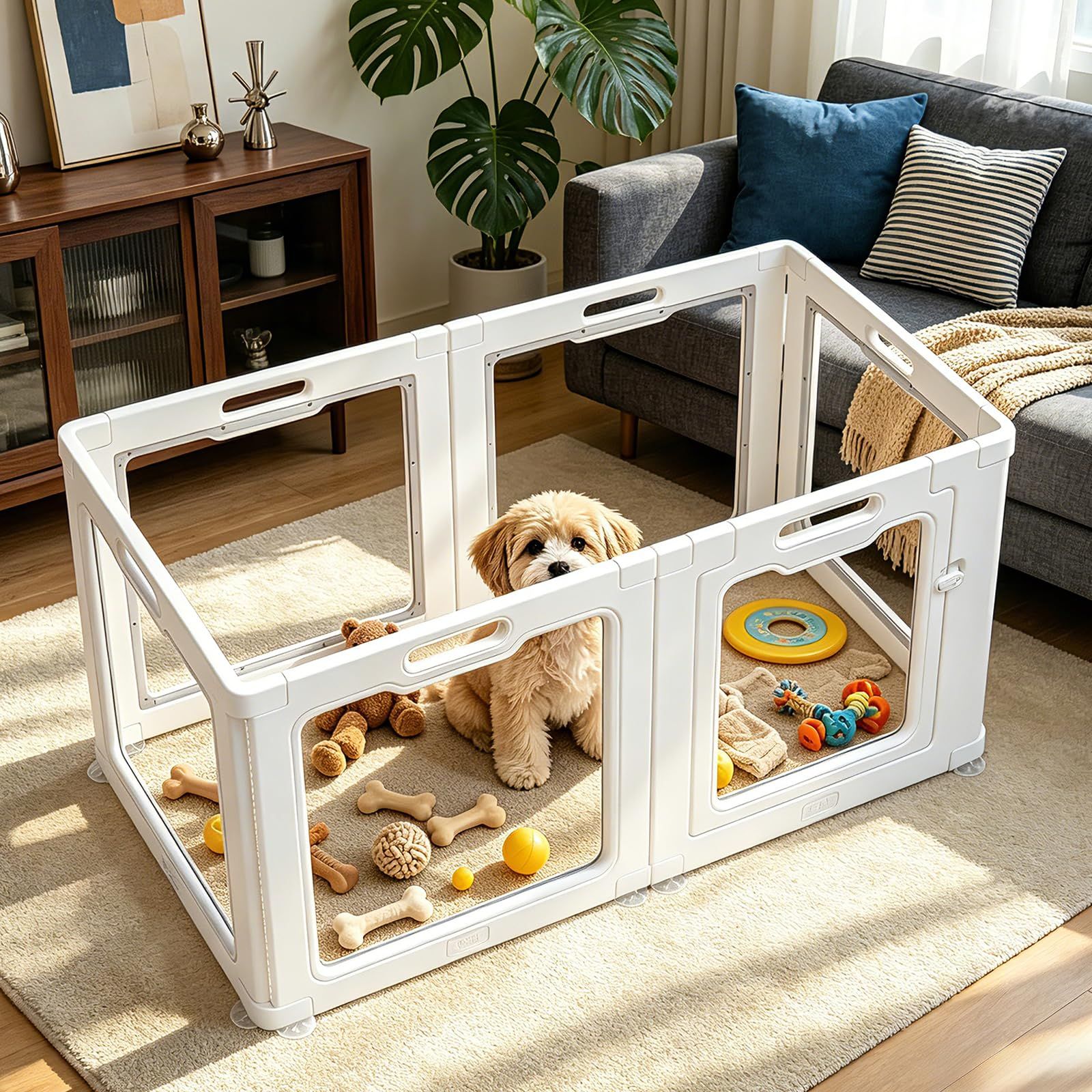 ペットサークル 透明パネル付き 幅100×奥行50×高さ60cm 小型犬・中型犬用 頑丈で安定 吸盤固定 脱走防止 折りたたみ可能 お手入れ簡単 リビング・バルコニー対応 日本語説明書付き (6枚)koe