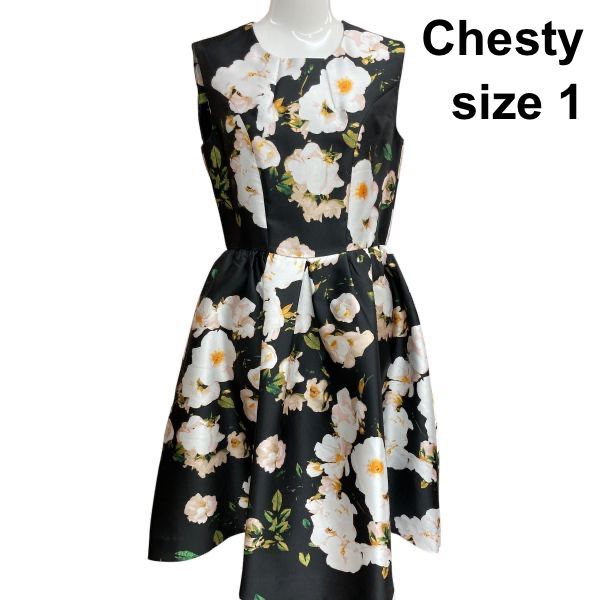 □ チェスティ Chesty フレアワンピース ノースリーブ クルーネック 膝丈 ウエストギャザー 花柄 黒地 白他 1 S 7号 レディース Z6C779