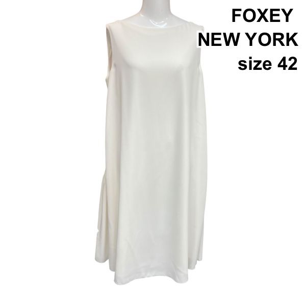 □ フォクシーニューヨーク FOXEY フレアワンピース ノースリーブ ボートネック 膝丈 背面ギャザー切替 白 42 L 11号 レディース Z6C780