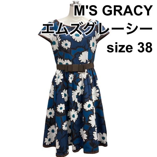 □ エムズグレイシー M'S GRACY プリントワンピース ボートネック フレンチスリーブ ミモレ丈 フレア 花柄 紺 綿混 38 M レディース Z6C54
