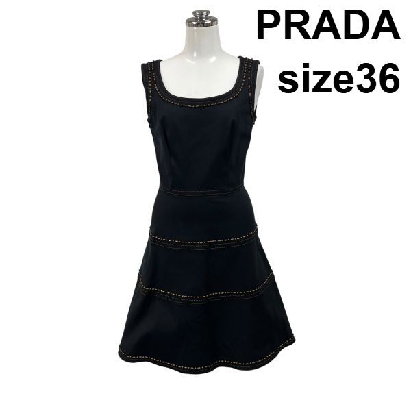 □ プラダ PRADA ワンピース スクエアネック ノースリーブ ひざ丈 Aライン フレア ステッチ ストレッチ 黒 綿 36 7号 レディース S6F174