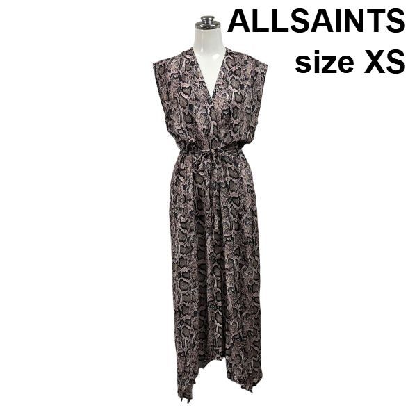 ◇ オールセインツ ALLSAINTS ワンピース Vネック ノースリーブ パイソン柄 ドローコード アシンメトリー XS 5号 レディース S6F172