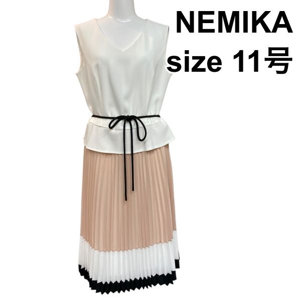□ ネミカ NEMIKA ドッキングワンピース Vネック ノースリーブ プリーツ サイドファスナー リボン 白 ピンク 11号 L レディース Z6C786