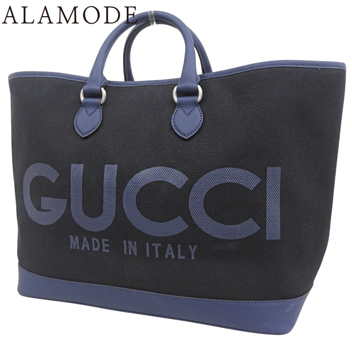 GUCCI(グッチ) ラージ トートバッグ トートバッグ 2WAY 肩掛け キャンバス レザー ブラック黒 ネイビー紺 シルバー金具 774183 レディース 40802197004【中古】【アラモード】