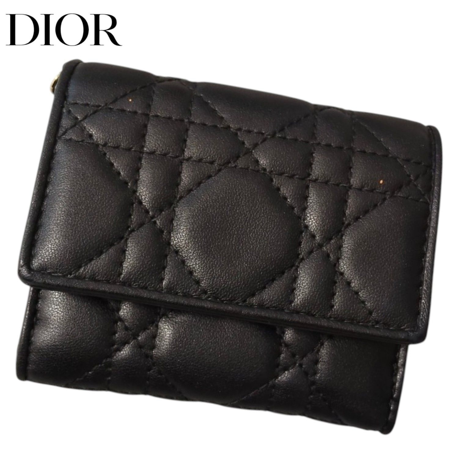 Christian Dior クリスチャンディオールレディディオール カナージュ コンパクトウォレット レディース 黒　ブラック　レザー　３つ折り財布