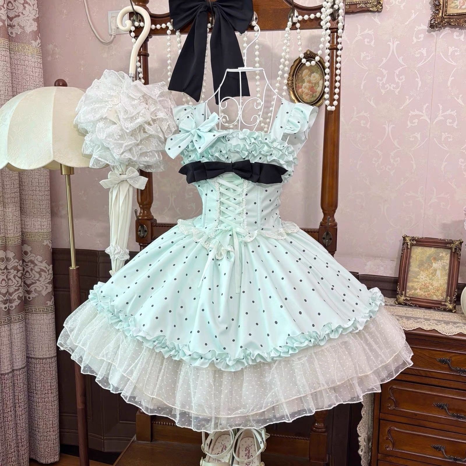 水色ドット柄 ロリータワンピース 黒リボン 紐編みコルセット フリルレディース Lolita