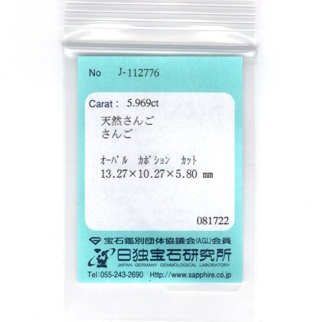 さんご ペンダントトップ Z0176 5.969ct K18 珊瑚 サンゴ ミル オーバル小判 ソーティング付き