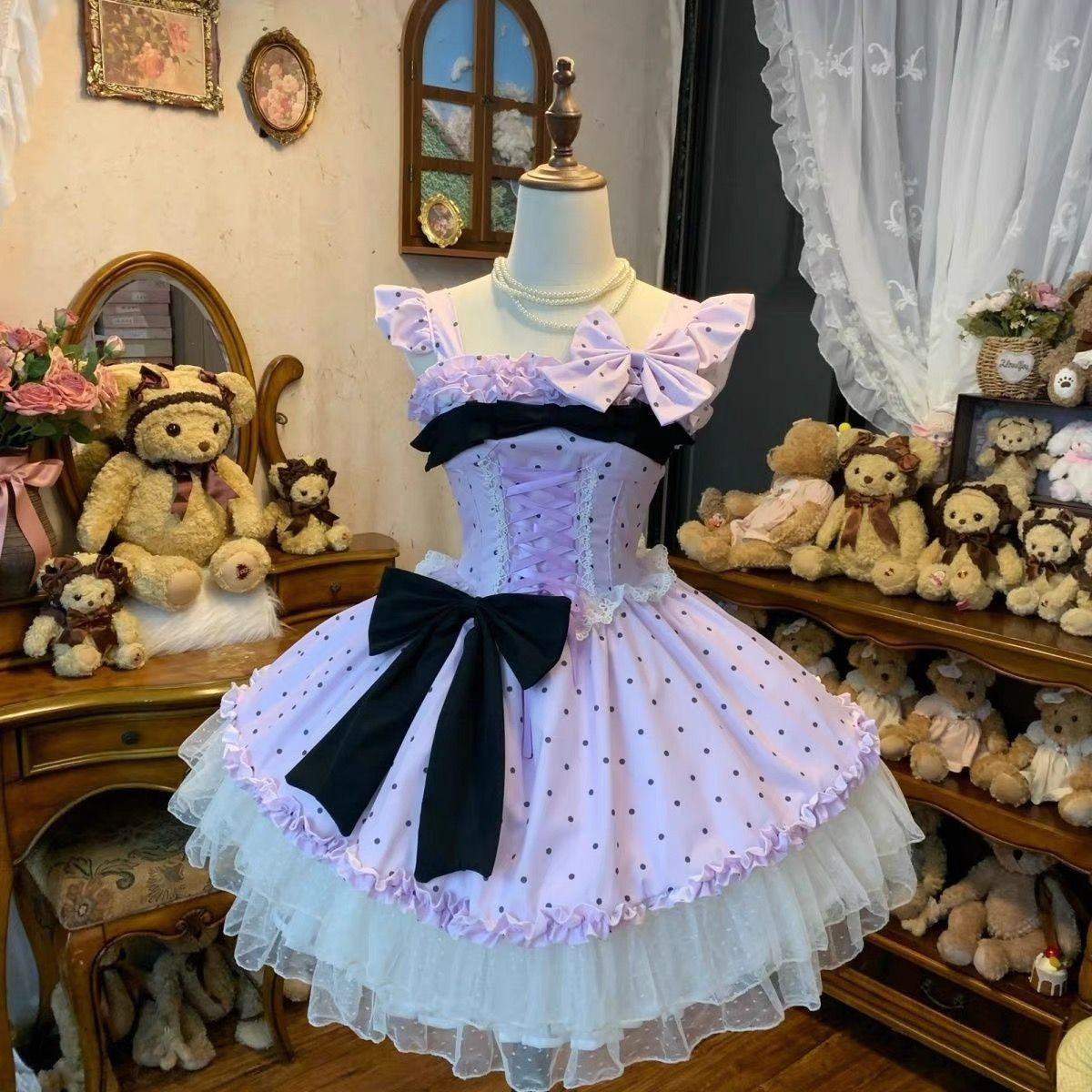 ラベンダー水玉ドット 甘ロリ JSK ワンピース 黒大リボン 背中紐編みコルセット Lolita