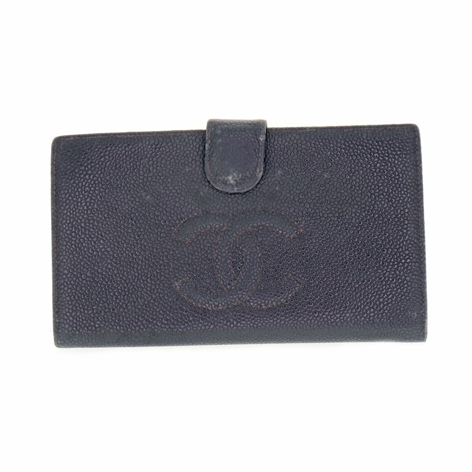【中古】CHANEL シャネル ホック付きがま口長財布 キャビアスキン レディース メンズ 財布 ブラック ブランド