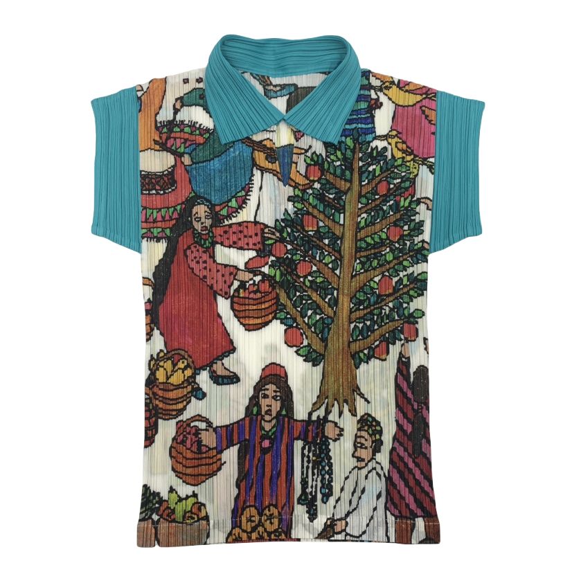 激レア PLEATSPLEASE プリーツプリーズ ISSEY MIYAKE イッセイミヤケ ORIENTAL ETHNIC DESIGN DRESS Tシャツ カットソー ブルー×マルチカラー サイズ3